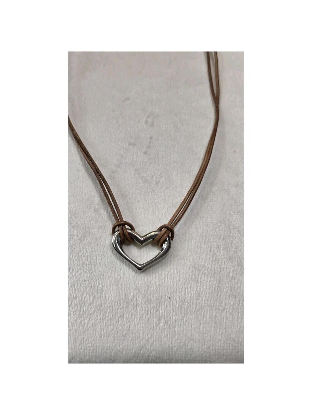 Brown Cord Silver Tone Heart Charm Pendant Necklace Adjustable